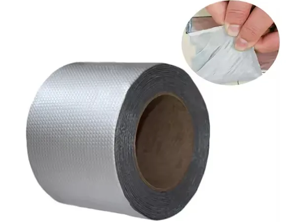 Close-up of aluminum foil butyl tape surface.
