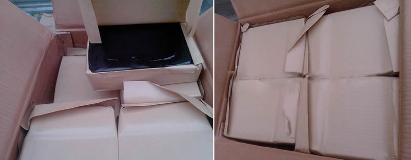 Two pictures about some packaged block shape butyl sealant inside a carton box.