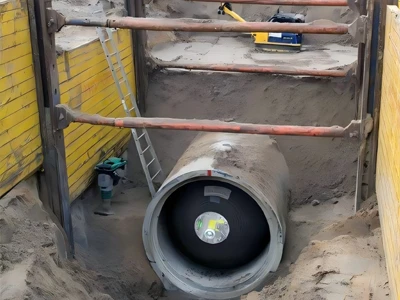 A large diameter rubber inflatable pipe plug is placed at the construction pipeline opening.