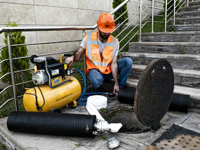 A person is inflating a rubber inflatable pipe plug at the manhole cover.
