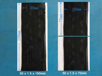 There are three pieces of butyl rubber putty on the blue background, one is 150 mm long, the other two 75 mm long.